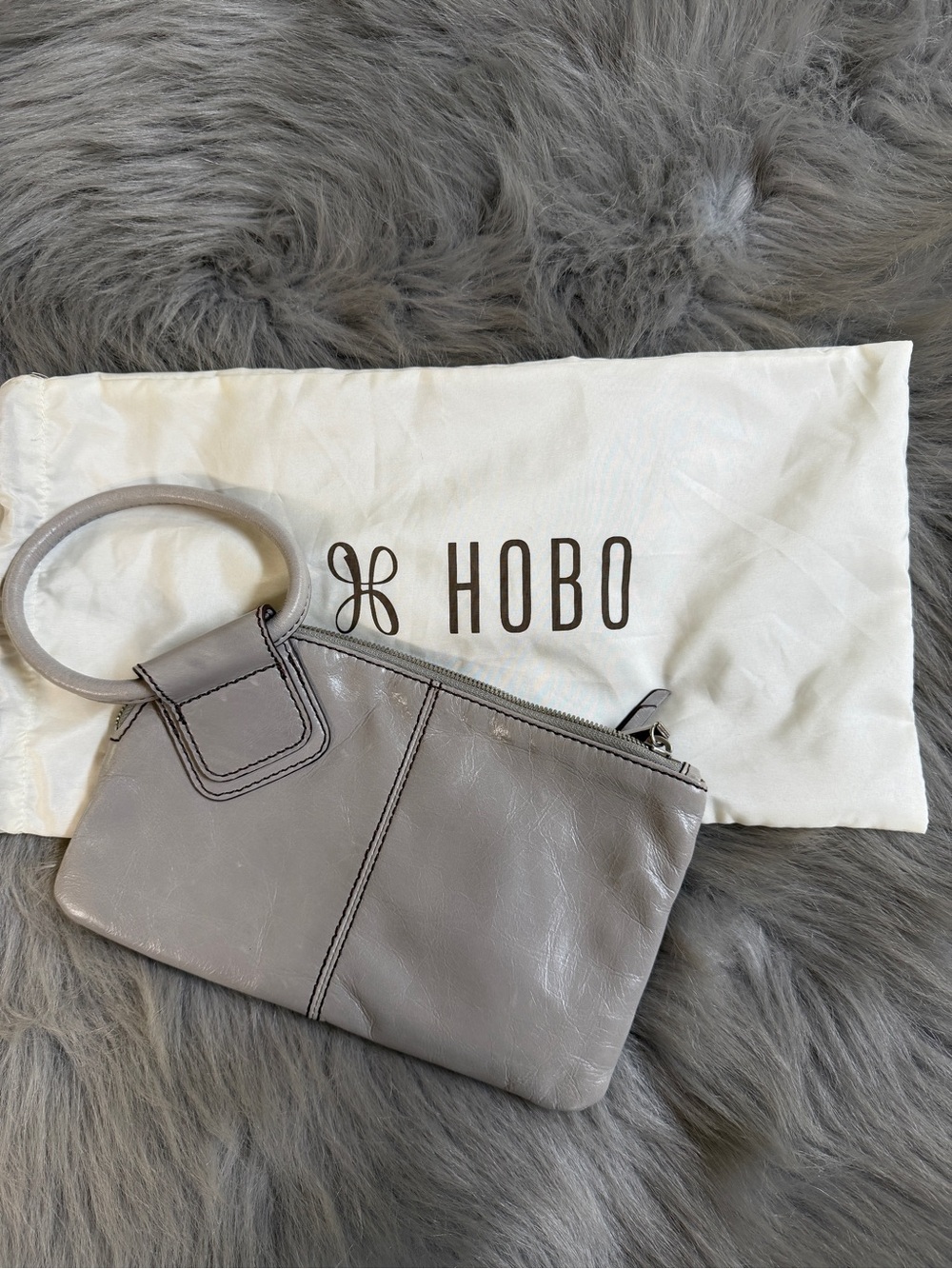 HOBO Taupe Gray Leather Wristlet with Ring Handle